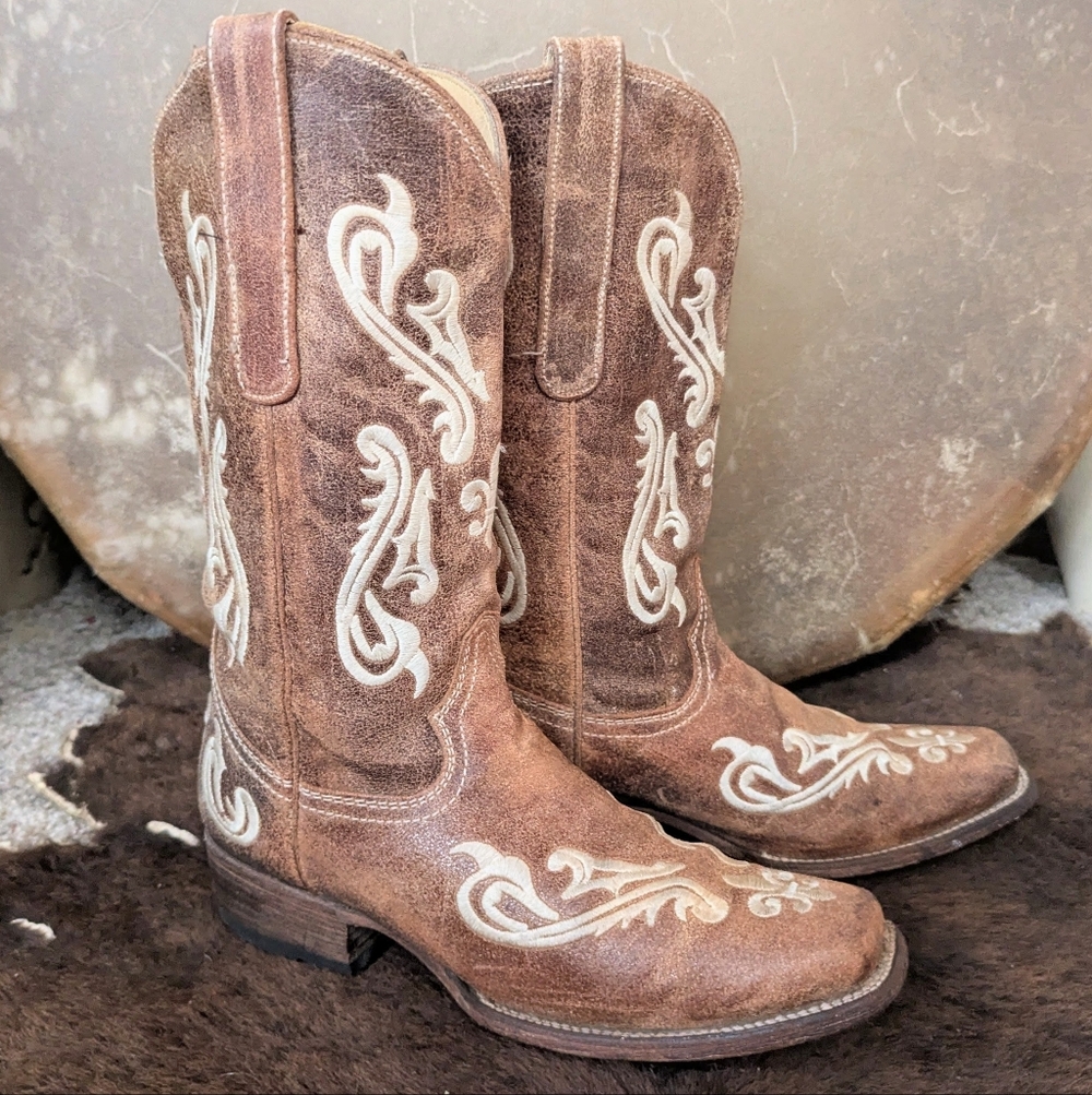 CORRAL Honey Cortez fleur de lis tan embroidered square toe cowgirl boots sz 7.5